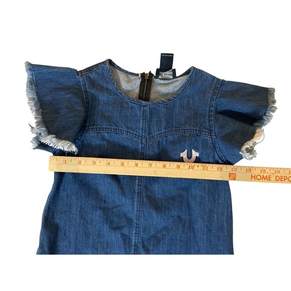 True Religion Girls Denim Dress Sz S (Tencel) Flutter Sleeve Distressed Hem Blue - Picture 8 of 10